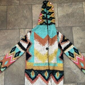 Colorful Hooded Cardigan with Geometric Patterns